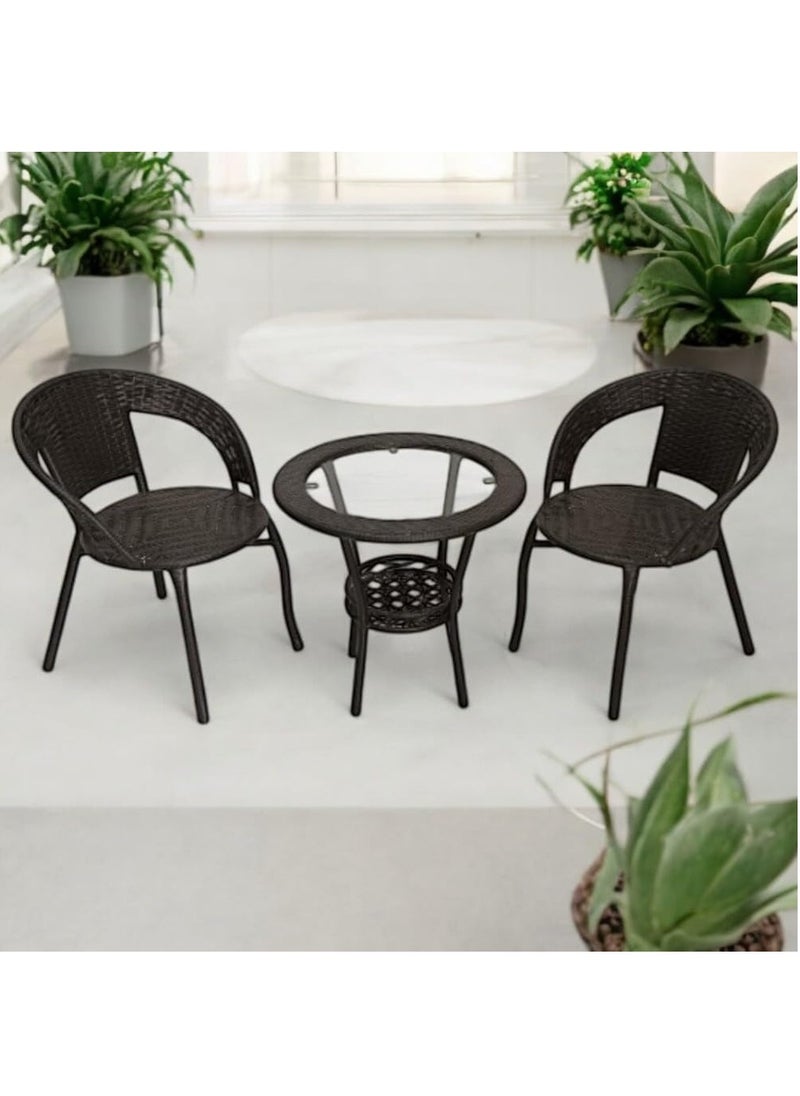 KARNAK - Karnak 3-Pieces Patio Rattan Dinning Set Table with Wicker Glass Top Modern Coffee Table Waterproof Set Chairs for Home, Garden & Lawn, Outdoor Indoor, Beach, Kitchen, Dining Room, Office Color Black - Image 1