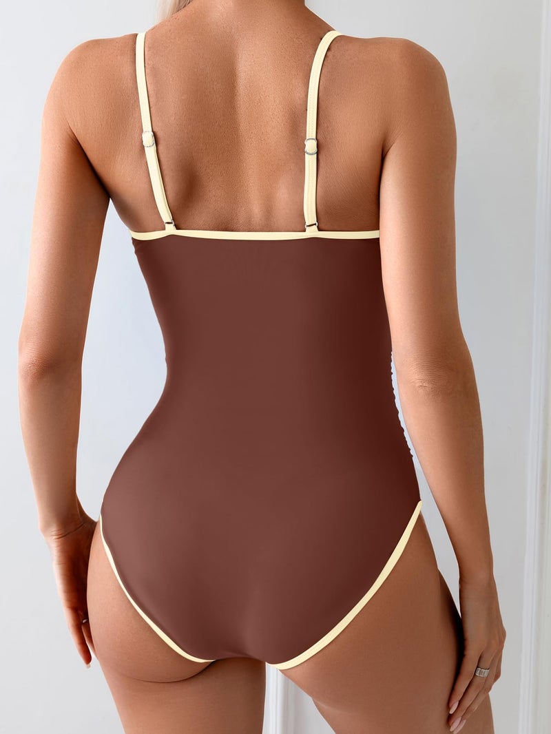 Eomenie Women's One Piece Swimsuit Tummy Control Slimming Bathing Suit Color Block Spaghetti Strap 1 Piece Swim Suit Swimwear - Image 2