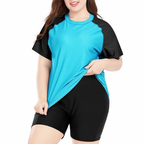 Davena Plus Size Rash Guard for Women 2 Piece Big Size Swimsuits Short Sleeve Bathing Suit with Bottom UV UPF 50+(Blcak,Cyan,2X) - Image 1