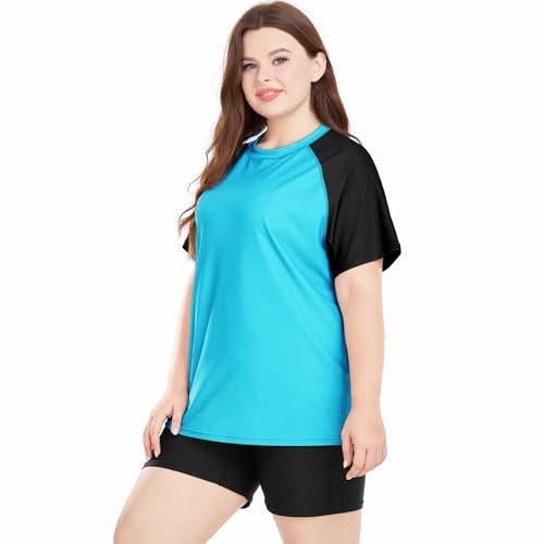 Davena Plus Size Rash Guard for Women 2 Piece Big Size Swimsuits Short Sleeve Bathing Suit with Bottom UV UPF 50+(Blcak,Cyan,2X) - Image 2