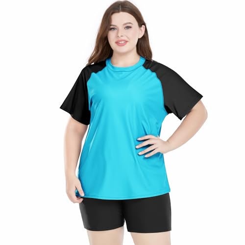 Davena Plus Size Rash Guard for Women 2 Piece Big Size Swimsuits Short Sleeve Bathing Suit with Bottom UV UPF 50+(Blcak,Cyan,2X) - Image 5