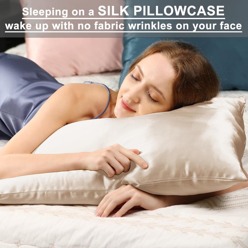Ravmix Silk Pillow Cases 2 Pack with Zipper, 21momme Mulberry Silk Pillowcase for Hair Skin, Soft Smooth Breathable Cool Pillow Cover for Beauty Sleep with Gift Box(Standard 20"x26", Cream Beige) - Image 2