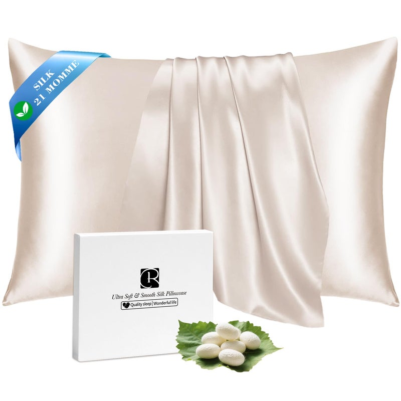 Ravmix Silk Pillow Cases 2 Pack with Zipper, 21momme Mulberry Silk Pillowcase for Hair Skin, Soft Smooth Breathable Cool Pillow Cover for Beauty Sleep with Gift Box(Standard 20"x26", Cream Beige) - Image 1