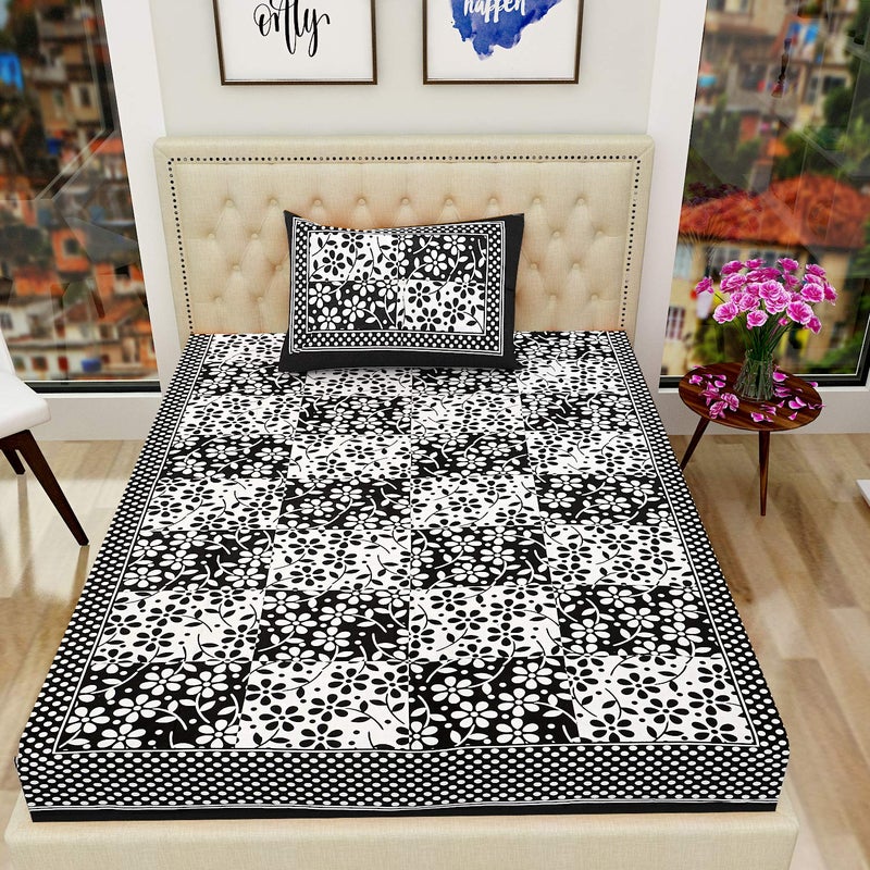 Monik Handicrafts Comfort Rajasthani Jaipuri Traditional Sanganeri Print 144 TC 100 Cotton Single Bedsheet with 1 Pillow Covers