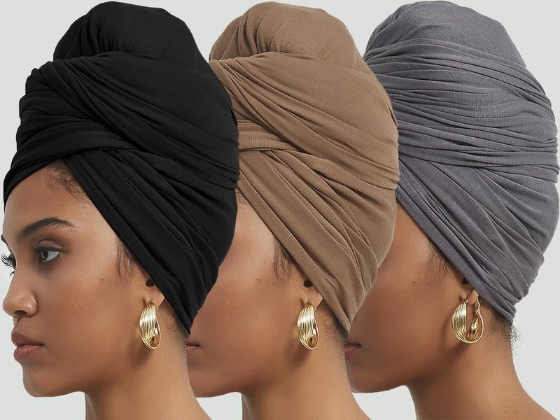 corciova Black Gray French Beige 3 Pcs Long Soft Head Wrap Turban Headband for Black Women Two Way Stretch Fashion African Head Covering Jersey Hijab Scarf - Image 3