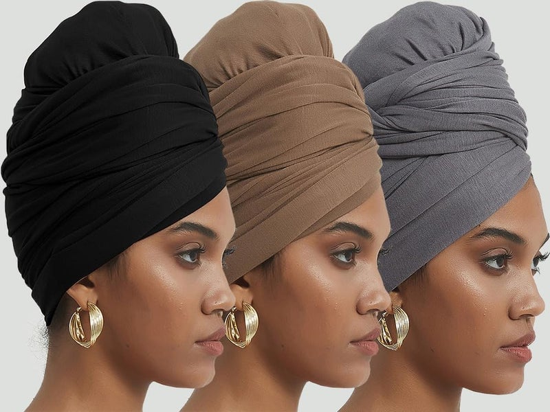 corciova Black Gray French Beige 3 Pcs Long Soft Head Wrap Turban Headband for Black Women Two Way Stretch Fashion African Head Covering Jersey Hijab Scarf - Image 2