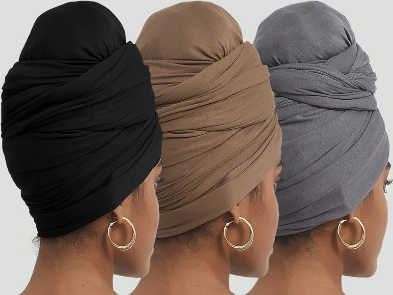 corciova Black Gray French Beige 3 Pcs Long Soft Head Wrap Turban Headband for Black Women Two Way Stretch Fashion African Head Covering Jersey Hijab Scarf - Image 5