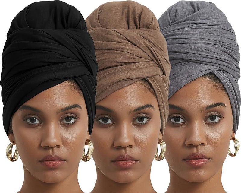 corciova Black Gray French Beige 3 Pcs Long Soft Head Wrap Turban Headband for Black Women Two Way Stretch Fashion African Head Covering Jersey Hijab Scarf - Image 1