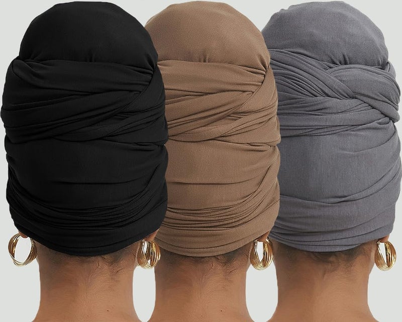 corciova Black Gray French Beige 3 Pcs Long Soft Head Wrap Turban Headband for Black Women Two Way Stretch Fashion African Head Covering Jersey Hijab Scarf - Image 4