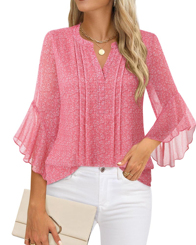 Timeson Ladies Tops and Blouses: Plus Size 3/4 Sleeve â€” Womens Blouses Dressy Casual â€” Fancy Shirts for Women Trendy 2026 Fall Outfits Chiffon Business Attire Flowy Peasant Tunic for Leggings Pink 2XL - Image 2