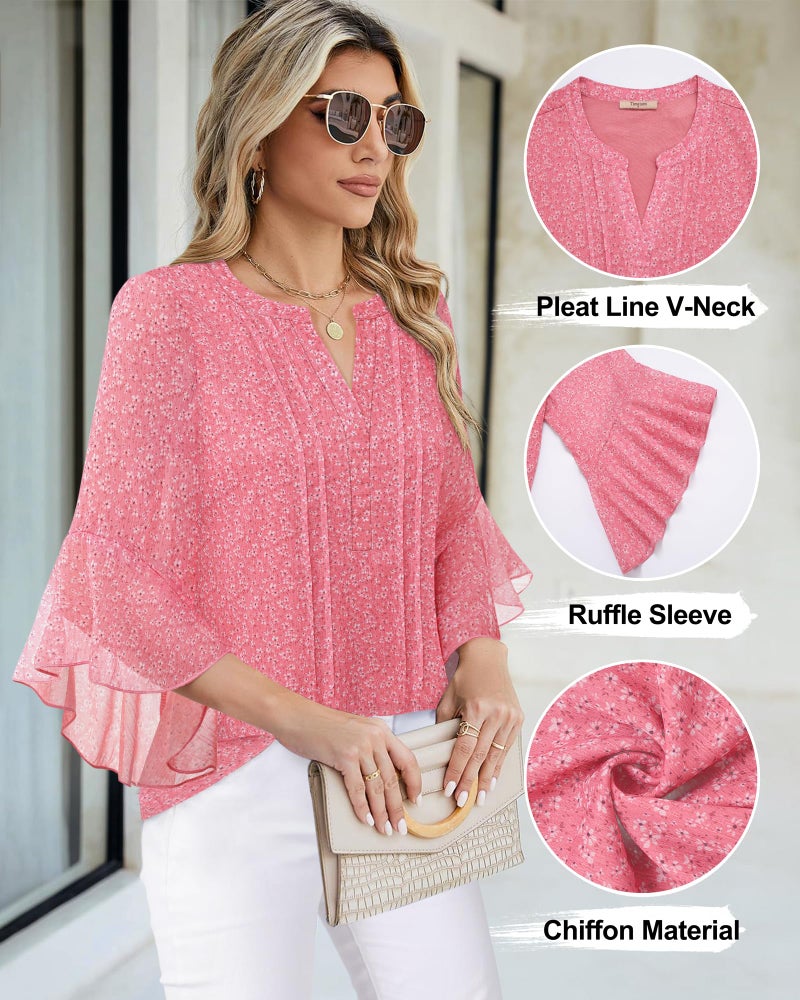 Timeson Ladies Tops and Blouses: Plus Size 3/4 Sleeve â€” Womens Blouses Dressy Casual â€” Fancy Shirts for Women Trendy 2026 Fall Outfits Chiffon Business Attire Flowy Peasant Tunic for Leggings Pink 2XL - Image 4