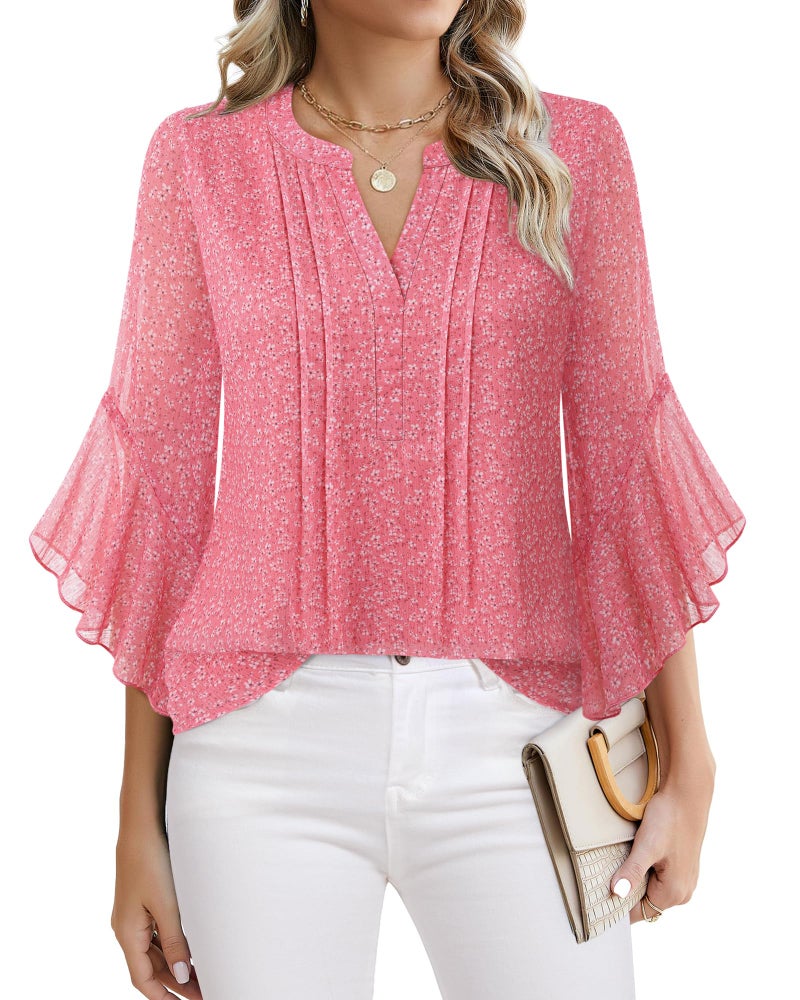 Timeson Ladies Tops and Blouses: Plus Size 3/4 Sleeve â€” Womens Blouses Dressy Casual â€” Fancy Shirts for Women Trendy 2026 Fall Outfits Chiffon Business Attire Flowy Peasant Tunic for Leggings Pink 2XL - Image 1