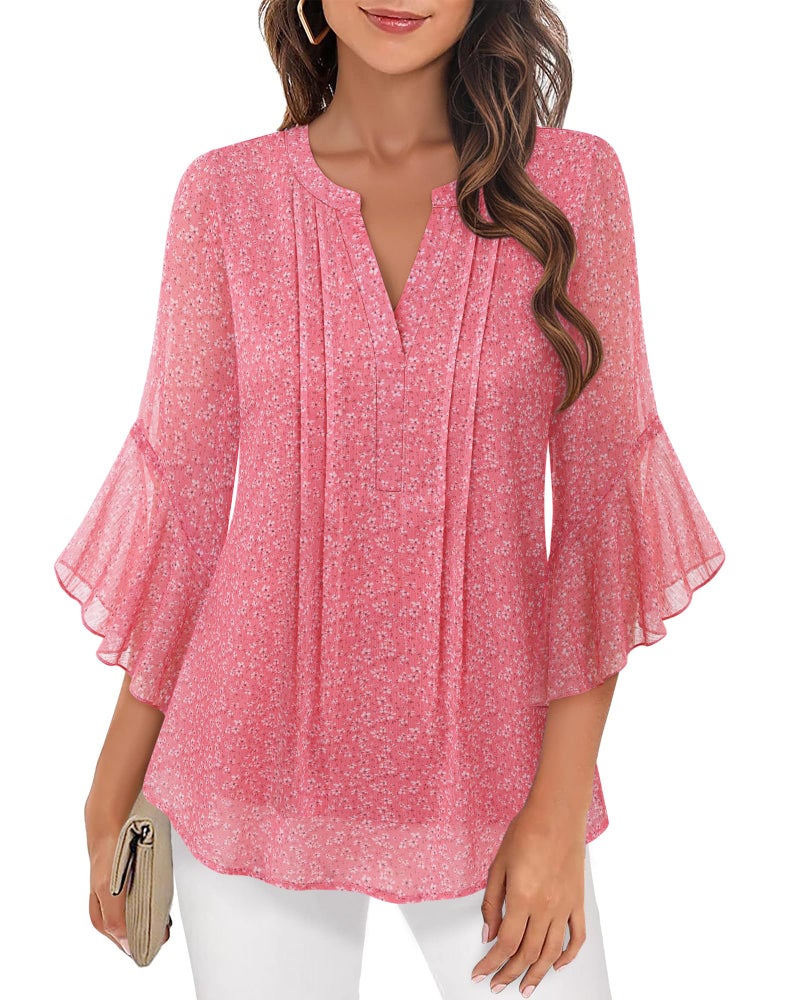 Timeson Ladies Tops and Blouses: Plus Size 3/4 Sleeve â€” Womens Blouses Dressy Casual â€” Fancy Shirts for Women Trendy 2026 Fall Outfits Chiffon Business Attire Flowy Peasant Tunic for Leggings Pink 2XL - Image 3