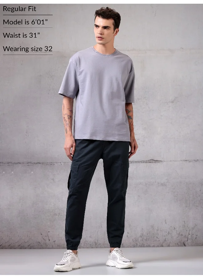 بيونغ Solid Dark Blue Regular Fit Cargo Pant for men