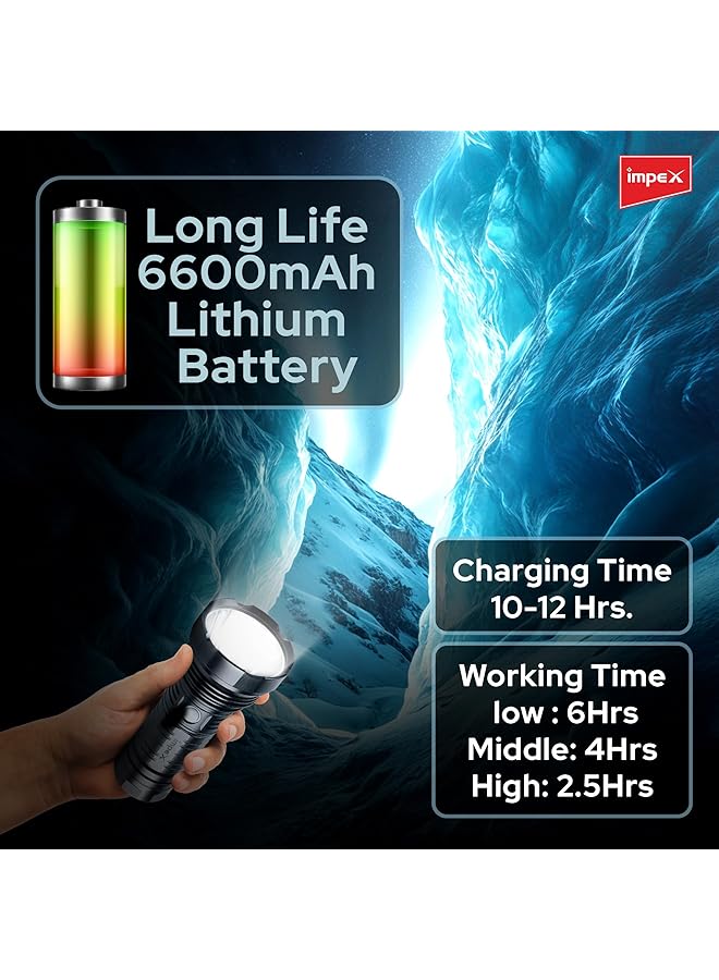 Impex Rechargeable LED Flashlight High Bright LED Torch 20W 6600mAh Battery 1500 Lumens Portable Design 2 Year Warranty(Ultra X20)  - Image 3