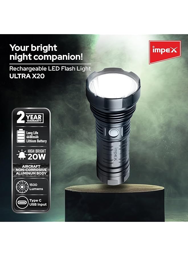 Impex Rechargeable LED Flashlight High Bright LED Torch 20W 6600mAh Battery 1500 Lumens Portable Design 2 Year Warranty(Ultra X20)  - Image 2