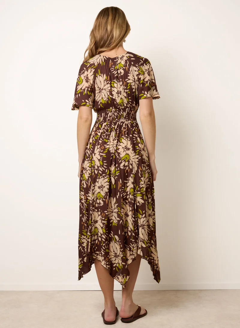 Blue Vanilla Shirred Waist Hanky Hem Dress