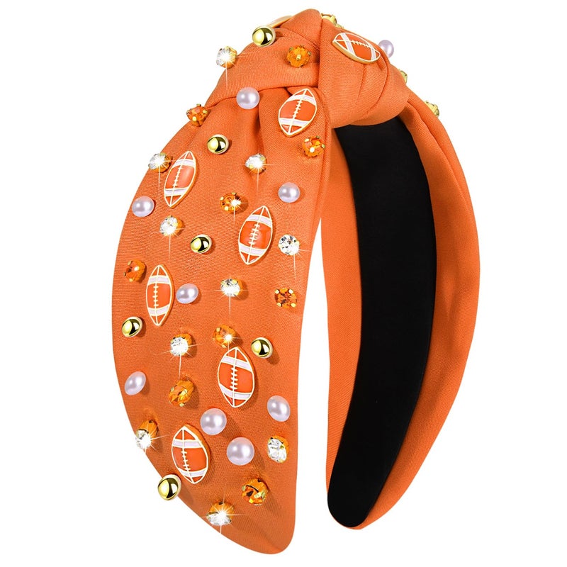 NVENF Football Headband Orange 1  Womens Game Day Knotted Headband with Football Charms and Crystal Gems Perfect for Football Mom Accessories and Sport Hair Accessory