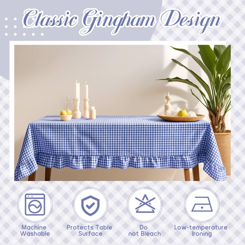 Mindsoft Blue Gingham Ruffled Tablecloth 84 x 60 Inches Rectangle Cotton Linen Checkered Table Cloth Buffalo Plaid Farmhouse Vintage Decorative Tablecover for Picnic Kitchen Dining Room Home Party - Image 4