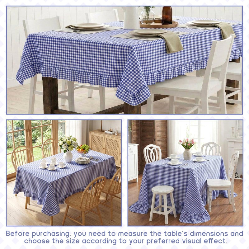 Mindsoft Blue Gingham Ruffled Tablecloth 84 x 60 Inches Rectangle Cotton Linen Checkered Table Cloth Buffalo Plaid Farmhouse Vintage Decorative Tablecover for Picnic Kitchen Dining Room Home Party - Image 2