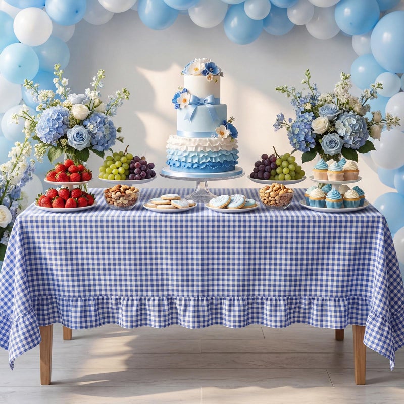 Mindsoft Blue Gingham Ruffled Tablecloth 84 x 60 Inches Rectangle Cotton Linen Checkered Table Cloth Buffalo Plaid Farmhouse Vintage Decorative Tablecover for Picnic Kitchen Dining Room Home Party - Image 1