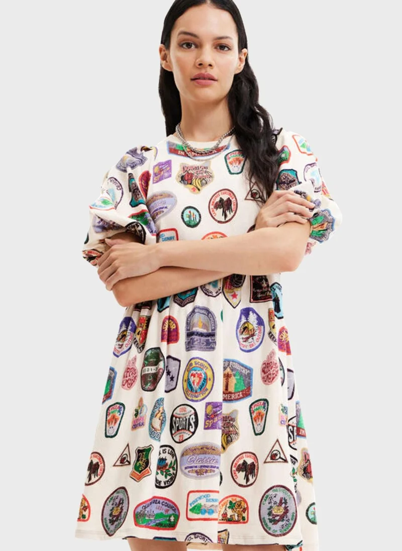 DESIGUAL Printed Puff Sleeve Knitted Dress
