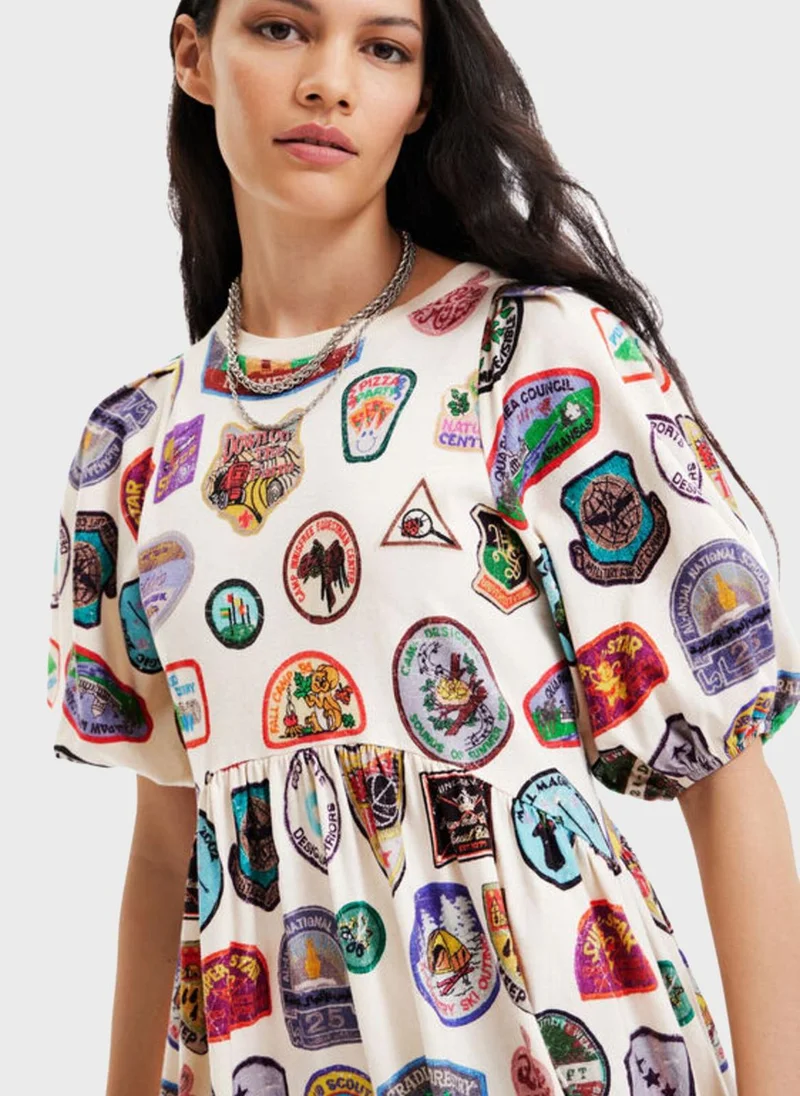 DESIGUAL Printed Puff Sleeve Knitted Dress