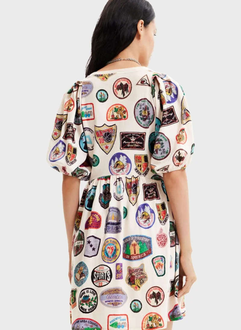 DESIGUAL Printed Puff Sleeve Knitted Dress