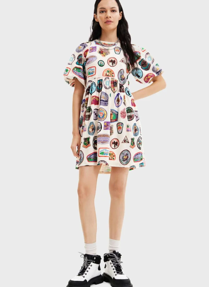 DESIGUAL Printed Puff Sleeve Knitted Dress