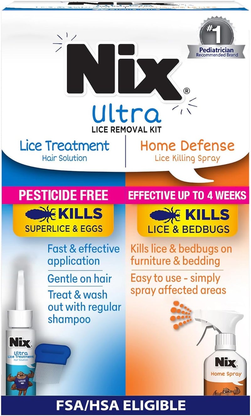 Nix Lice Treatment Hair and Home Kit, Ultra Hair Solution (3.4 Fl Oz), Home Defense Bedbug and Lice Killing Spray (5 Fl Oz) - Image 1