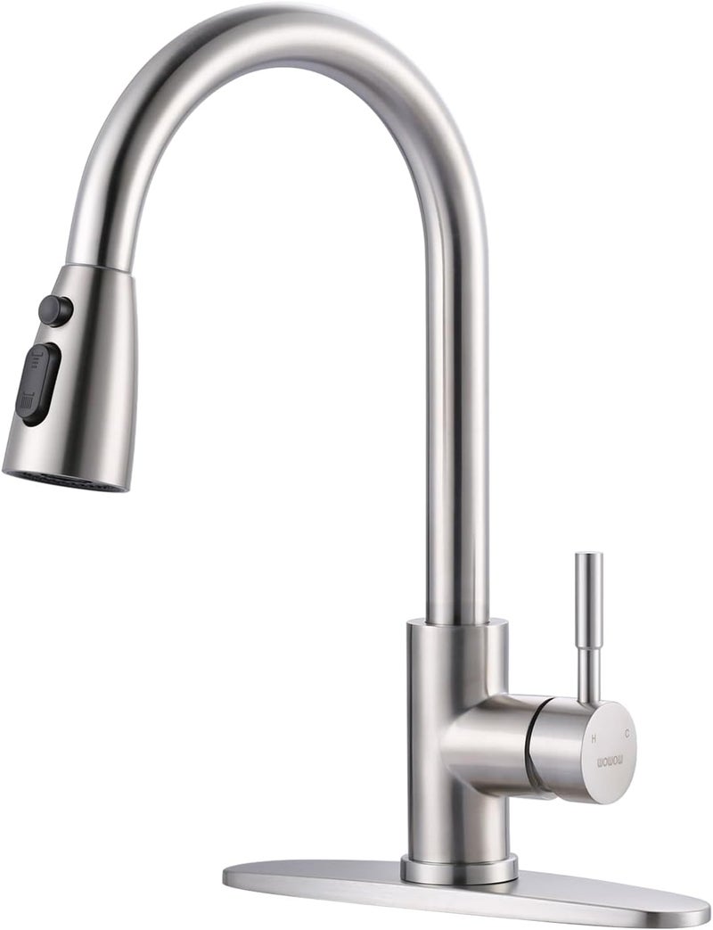 WOWOW Kitchen Faucet with Sprayer, Kitchen Sink Faucet, SUS 304 Stainless Steel, High Arc Single Handle Brushed Nickel Kitchen Faucets with Pull Down Sprayer, Pull Out Kitchen Faucet with Deck Plate - Image 1