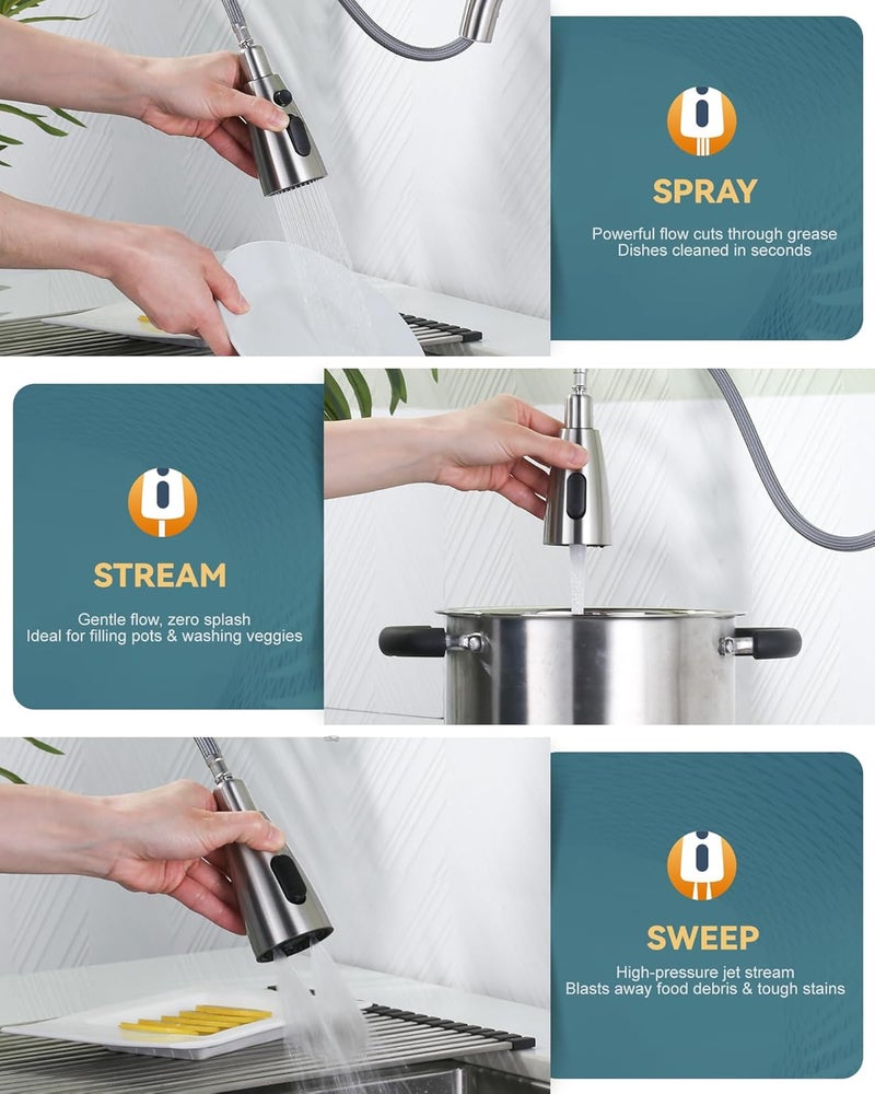 WOWOW Kitchen Faucet with Sprayer, Kitchen Sink Faucet, SUS 304 Stainless Steel, High Arc Single Handle Brushed Nickel Kitchen Faucets with Pull Down Sprayer, Pull Out Kitchen Faucet with Deck Plate - Image 4