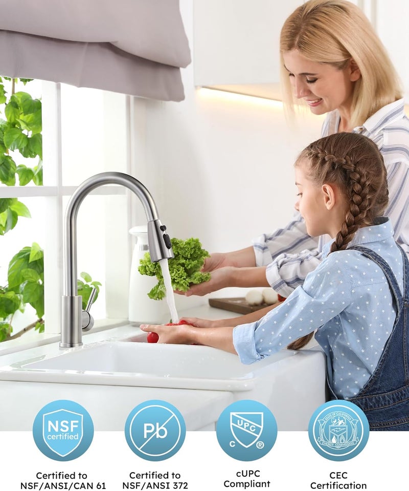 WOWOW Kitchen Faucet with Sprayer, Kitchen Sink Faucet, SUS 304 Stainless Steel, High Arc Single Handle Brushed Nickel Kitchen Faucets with Pull Down Sprayer, Pull Out Kitchen Faucet with Deck Plate - Image 2