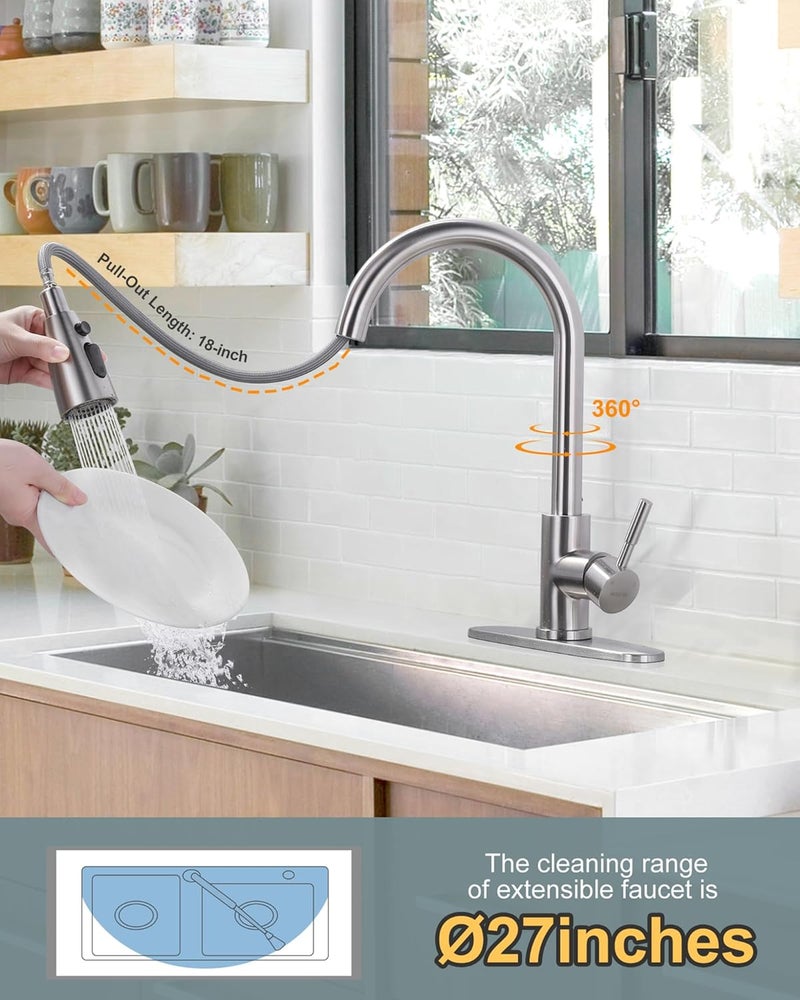 WOWOW Kitchen Faucet with Sprayer, Kitchen Sink Faucet, SUS 304 Stainless Steel, High Arc Single Handle Brushed Nickel Kitchen Faucets with Pull Down Sprayer, Pull Out Kitchen Faucet with Deck Plate - Image 3