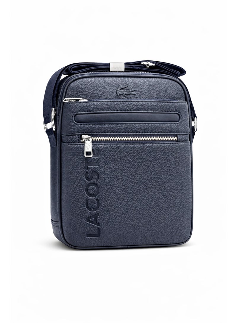 Lacoste Navy Leather Crossbody Bag – Multi-Zip Compact Shoulder Bag with Logo Detail