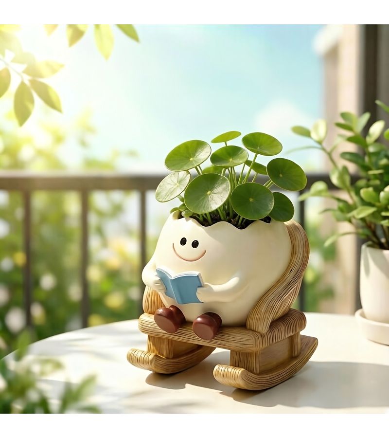 A Joyful Face Rocking Chair Planter Reading Decor Resin Potted Succulent Ornament For Thanksgiving Mother Day Graduation Gift Creative Garden Courtyard Balcony Decoration - Image 5