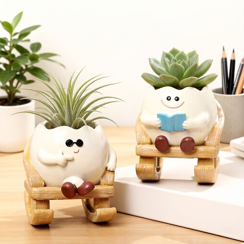 A Joyful Face Rocking Chair Planter Reading Decor Resin Potted Succulent Ornament For Thanksgiving Mother Day Graduation Gift Creative Garden Courtyard Balcony Decoration - Image 2