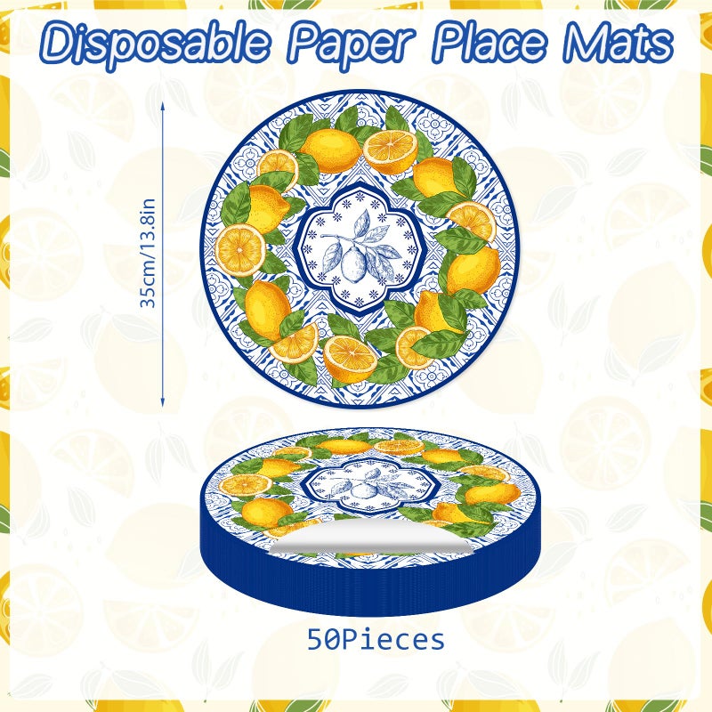 Tarklanda 50 Pack Lemon Paper Placemats Disposable 50 Pack 13.7 Inch Cyan Blue Tiles Lemon Fruit Round Place Mats Summer Table Mats for Kitchen Dining Party Decoration - Image 2