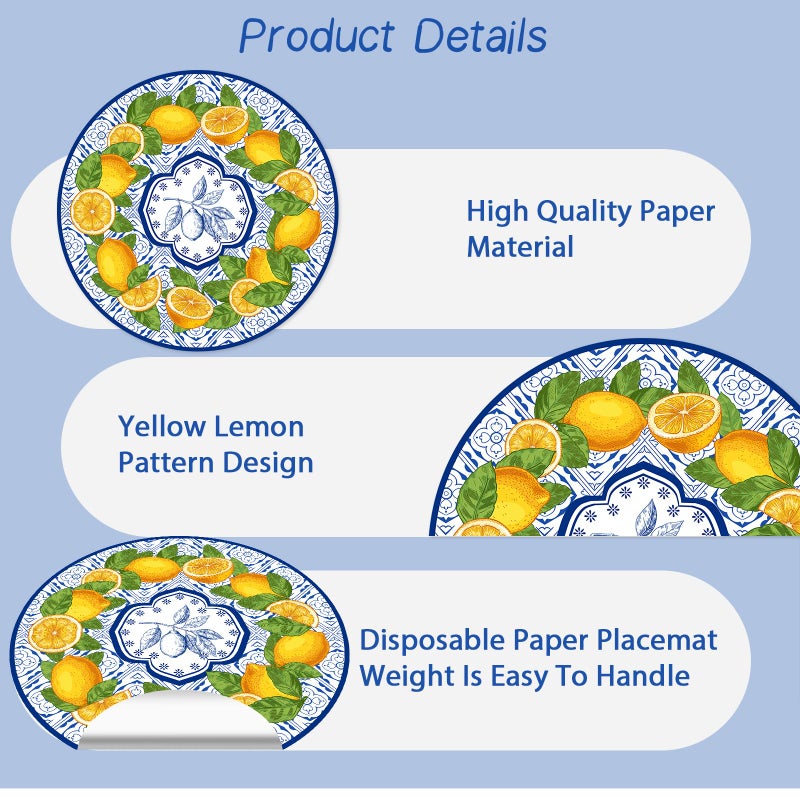 Tarklanda 50 Pack Lemon Paper Placemats Disposable 50 Pack 13.7 Inch Cyan Blue Tiles Lemon Fruit Round Place Mats Summer Table Mats for Kitchen Dining Party Decoration - Image 3