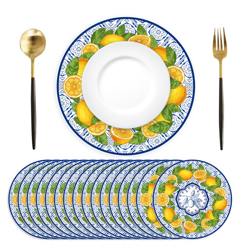 Tarklanda 50 Pack Lemon Paper Placemats Disposable 50 Pack 13.7 Inch Cyan Blue Tiles Lemon Fruit Round Place Mats Summer Table Mats for Kitchen Dining Party Decoration - Image 1