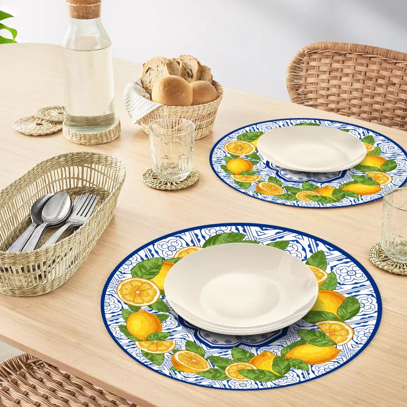 Tarklanda 50 Pack Lemon Paper Placemats Disposable 50 Pack 13.7 Inch Cyan Blue Tiles Lemon Fruit Round Place Mats Summer Table Mats for Kitchen Dining Party Decoration - Image 5