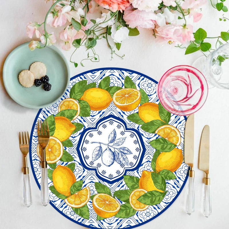 Tarklanda 50 Pack Lemon Paper Placemats Disposable 50 Pack 13.7 Inch Cyan Blue Tiles Lemon Fruit Round Place Mats Summer Table Mats for Kitchen Dining Party Decoration - Image 4