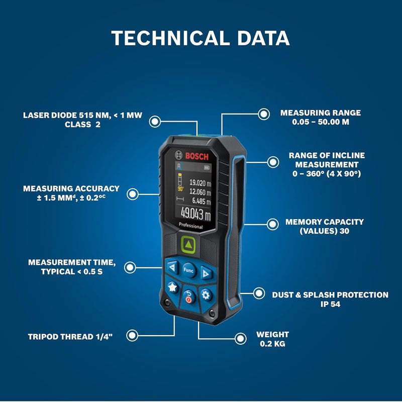 BOSCH GLM 50-23 G Professional Laser Measurer| 2-in-1 Distance & Angle Measurer | Green Laser Class 2, Range up to 50 m, ±1.5 mm | Memory Function, IP65 Rated| Batteries Included| 1 Year Warranty - Image 4