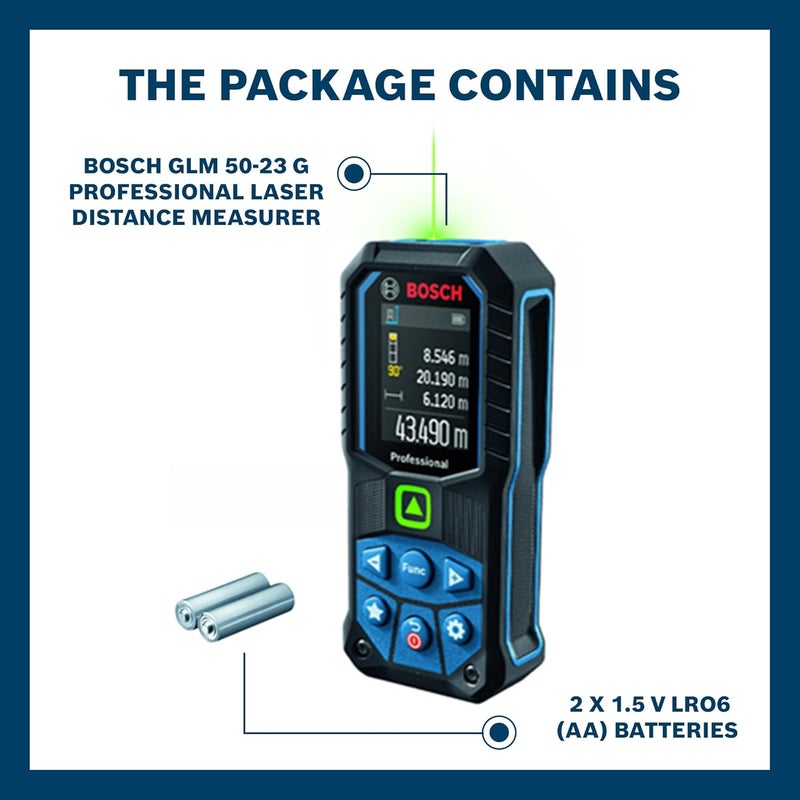 BOSCH GLM 50-23 G Professional Laser Measurer| 2-in-1 Distance & Angle Measurer | Green Laser Class 2, Range up to 50 m, ±1.5 mm | Memory Function, IP65 Rated| Batteries Included| 1 Year Warranty - Image 2