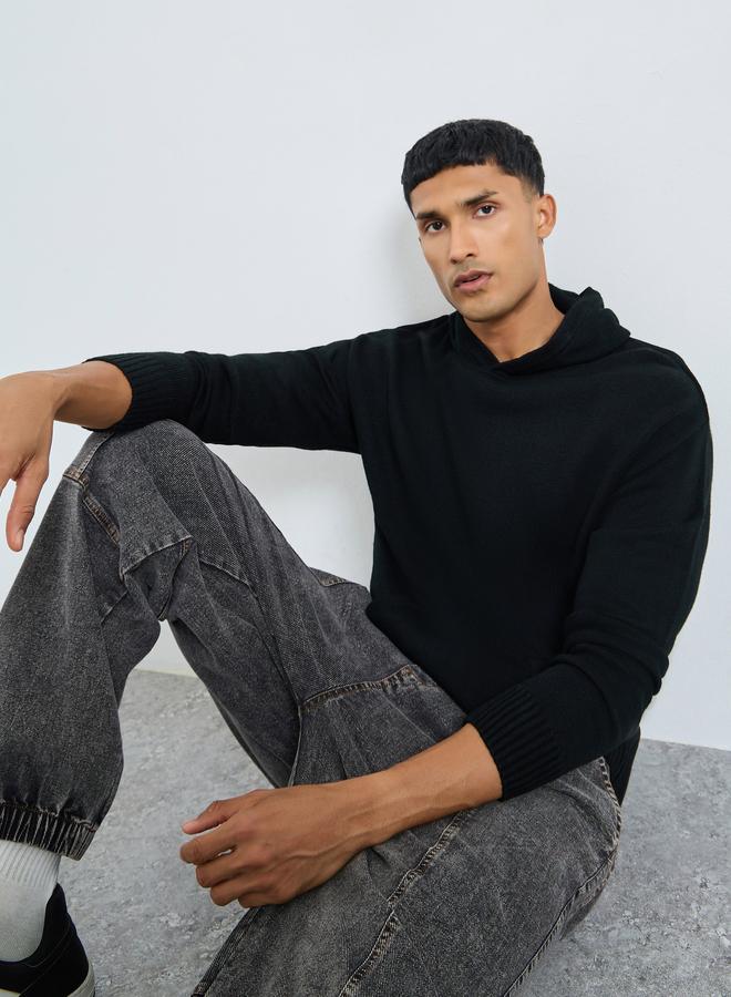 ستايلي هودي محبوك بلون أسود سادة للرجال - Image 1