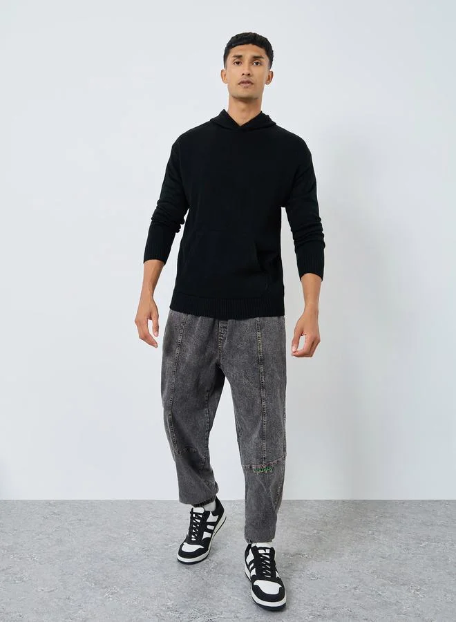 Styli Men Black Solid Knit Hoodie