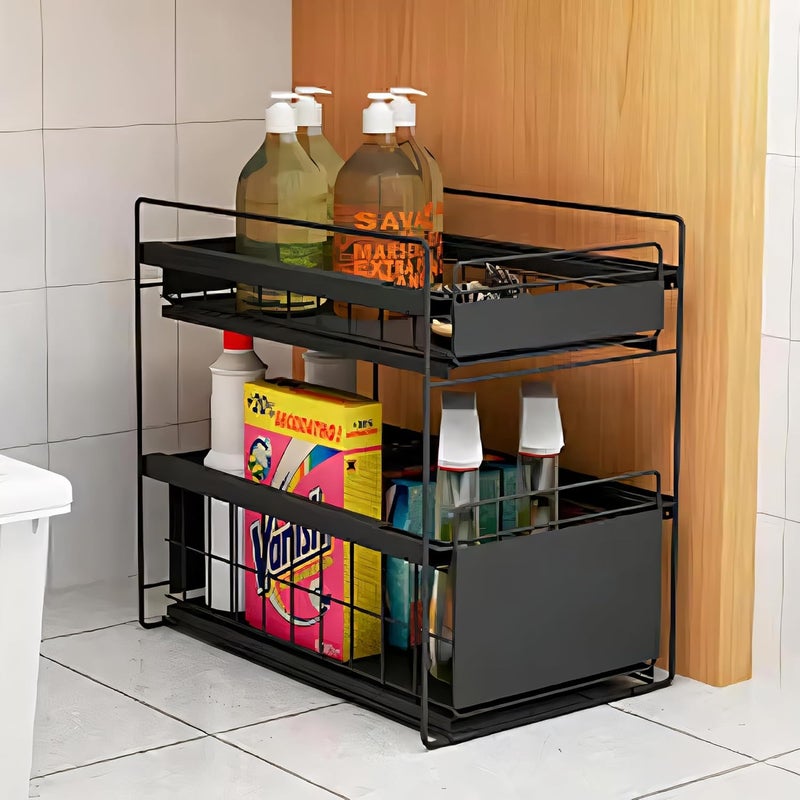 Urbane Home Urbane Home Iron 2 Tier Corner Stand for Kitchen Counter Top with Wheels Cosmetic Bathroom Kitchen Organiser Rack Shelf Countertop Tabletop Tiered Shelf Black 