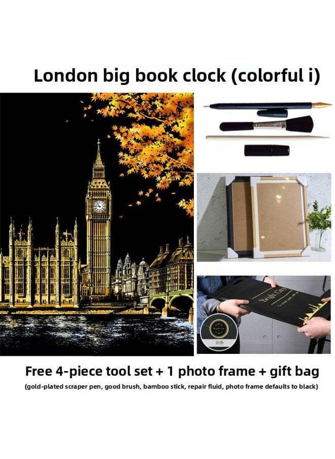 Generic - Color City Night Scrape Painting 3 Colorful Scrape Paper 8 Open Hand Scrape Painting This Pattern To Send Men And Women A Wholesale-Colour:(colorful First Edition) London Big Ben - Scratch Painting + 4 Tools + Photo Frame + Gift Bag - Image 1