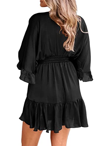 Aoysky Womens V Neck Casual Dresses Summer Loose High Waist Ruffle Pleated Cute Mini Short Dress Black - Image 3