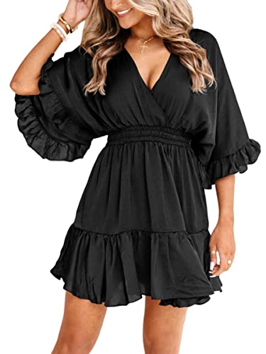 Aoysky Womens V Neck Casual Dresses Summer Loose High Waist Ruffle Pleated Cute Mini Short Dress Black - Image 1